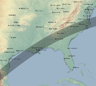Map of the eclipse path across United States on 05/11/2078