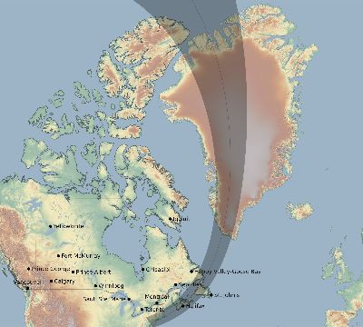 Map of the eclipse path across Canada on 05/01/2079