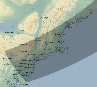 Map of the eclipse path across United States on 05/01/2079