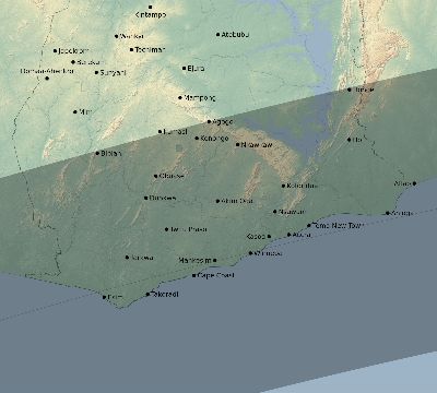Map of the eclipse path across Ghana on 03/10/2081