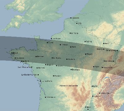 Map of the eclipse path across France on 09/03/2081