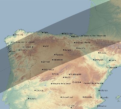 Map of the eclipse path across Spain on 02/27/2082