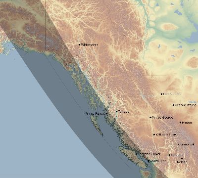Map of the eclipse path across Canada on 07/03/2084