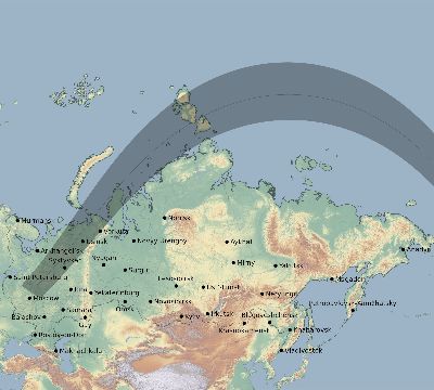 Map of the eclipse path across Russia on 07/03/2084