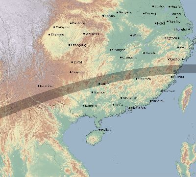 Map of the eclipse path across China on 06/22/2085