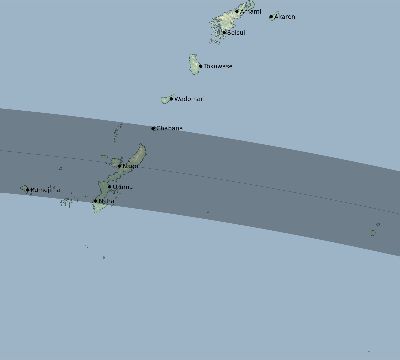 Map of the eclipse path across Japan on 06/22/2085