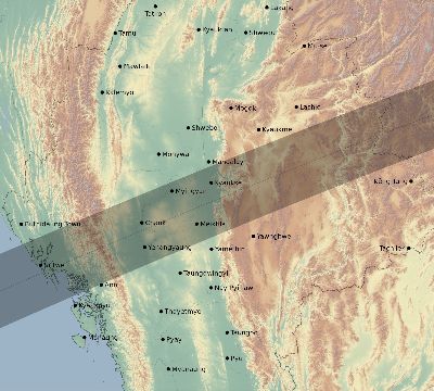 Map of the eclipse path across Myanmar on 06/22/2085