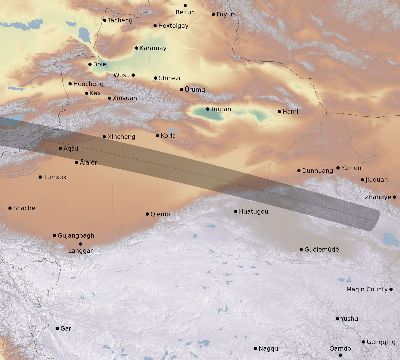 Map of the eclipse path across China on 04/21/2088