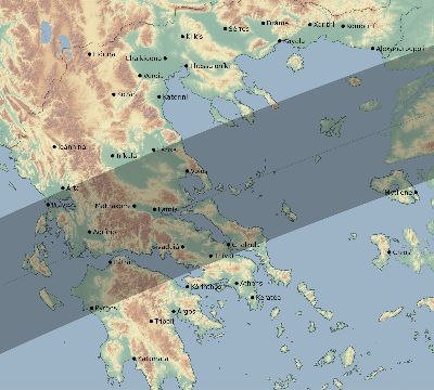 Map of the eclipse path across Greece on 04/21/2088