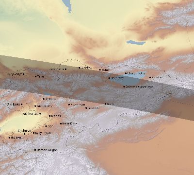 Map of the eclipse path across Kyrgyzstan on 04/21/2088