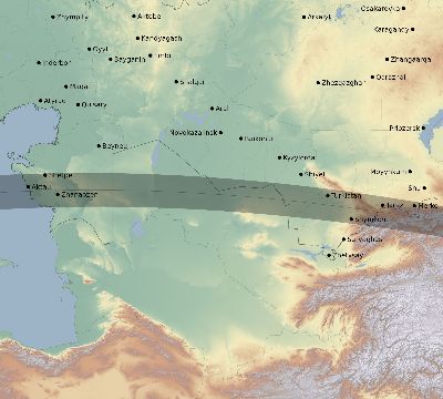 Map of the eclipse path across Kazakhstan on 04/21/2088