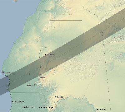Map of the eclipse path across Mauritania on 04/21/2088