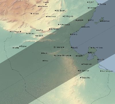 Map of the eclipse path across Tunisia on 04/21/2088