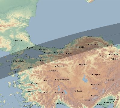 Map of the eclipse path across Turkey on 04/21/2088