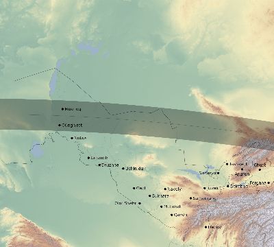 Map of the eclipse path across Uzbekistan on 04/21/2088