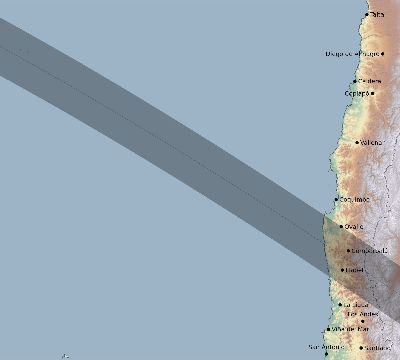 Map of the eclipse path across Chile on 10/14/2088