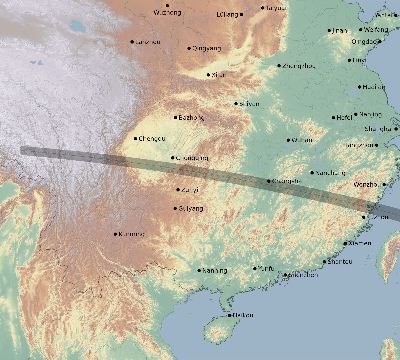 Map of the eclipse path across China on 10/04/2089