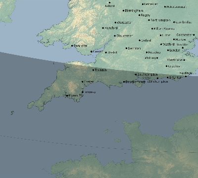 Map of the eclipse path across United Kingdom on 09/23/2090