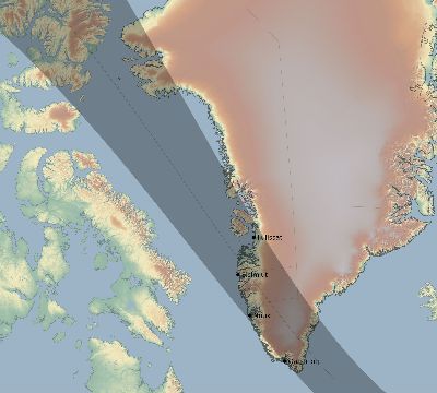 Map of the eclipse path across Greenland on 09/23/2090