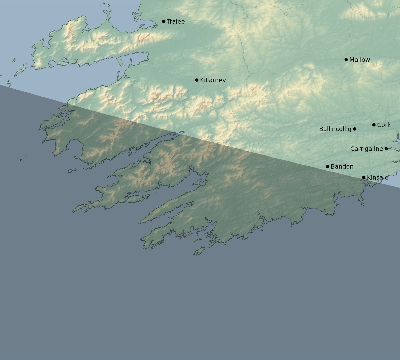 Map of the eclipse path across Ireland on 09/23/2090