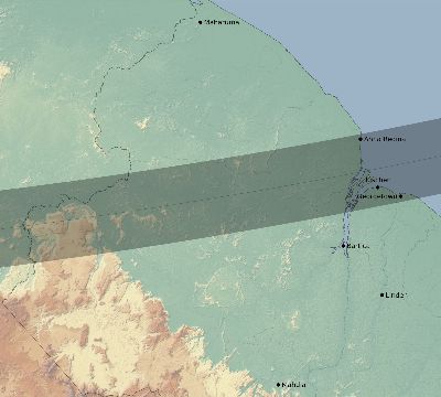 Map of the eclipse path across Guyana on 02/07/2092