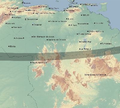 Map of the eclipse path across Venezuela on 02/07/2092