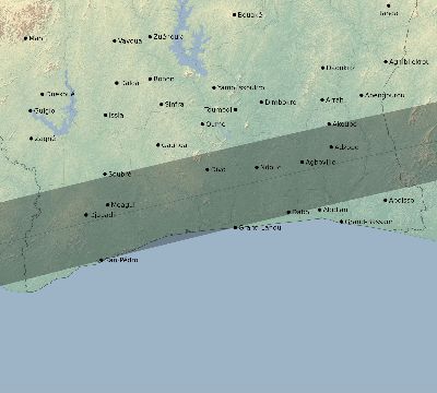 Map of the eclipse path across Côte d'Ivoire (Ivory Coast) on 08/03/2092