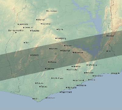 Map of the eclipse path across Ghana on 08/03/2092