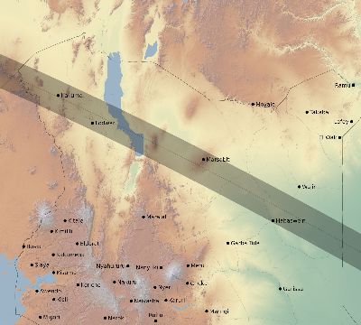 Map of the eclipse path across Kenya on 08/03/2092
