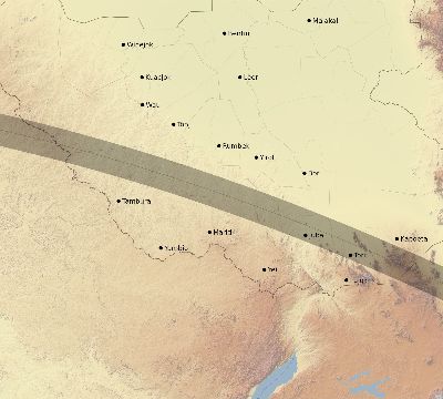 Map of the eclipse path across South Sudan on 08/03/2092