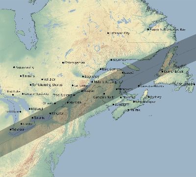 Map of the eclipse path across Canada on 07/23/2093
