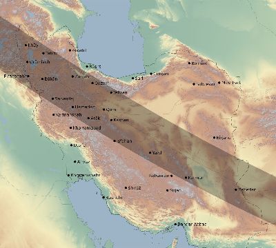 Map of the eclipse path across Iran on 07/23/2093