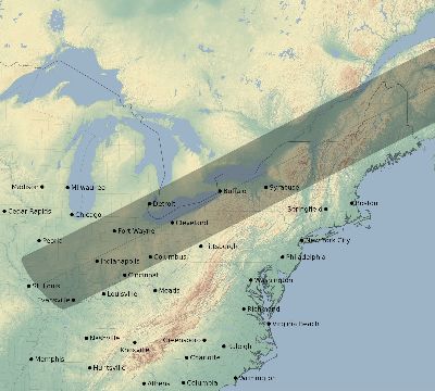 Map of the eclipse path across United States on 07/23/2093