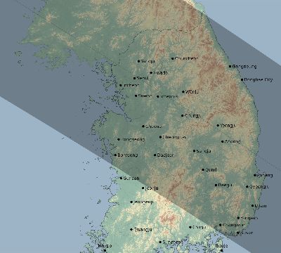 Map of the eclipse path across South Korea on 11/27/2095