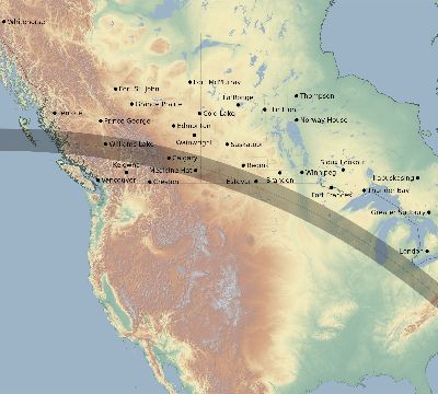 Map of the eclipse path across Canada on 09/14/2099
