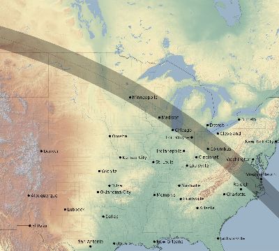 Map of the eclipse path across United States on 09/14/2099