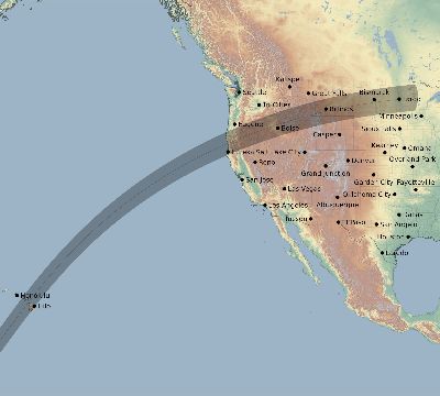 Map of the eclipse path across United States on 03/10/2100
