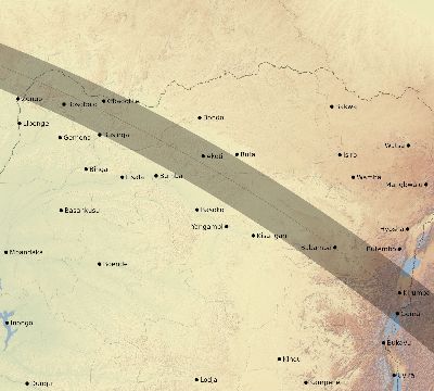 Map of the eclipse path across DR Congo on 09/04/2100