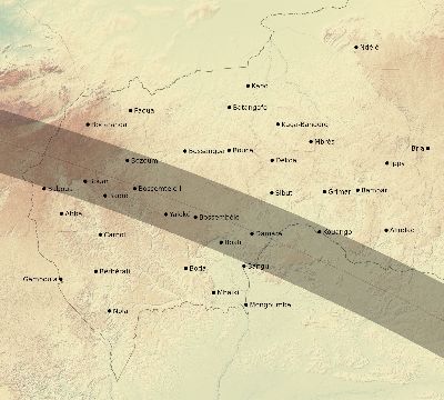 Map of the eclipse path across Central African Republic on 09/04/2100