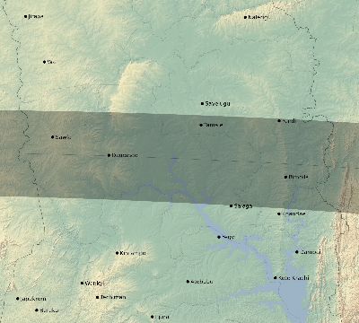 Map of the eclipse path across Ghana on 09/04/2100