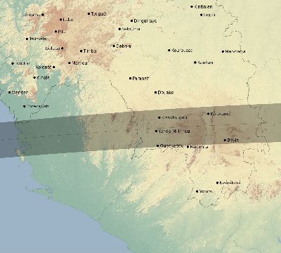 Map of the eclipse path across Guinea on 09/04/2100