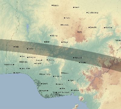 Map of the eclipse path across Nigeria on 09/04/2100