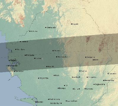 Map of the eclipse path across Sierra Leone on 09/04/2100