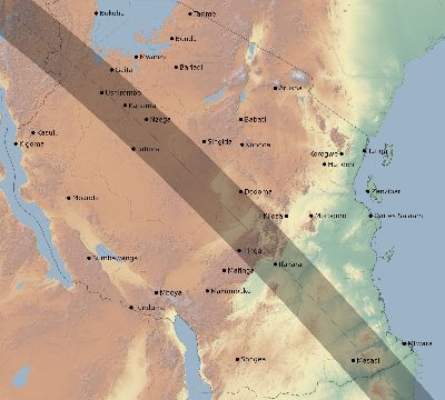 Map of the eclipse path across Tanzania on 09/04/2100