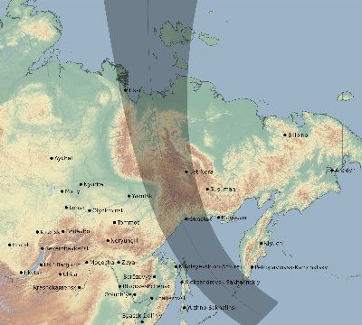 Map of the eclipse path across Russia on 07/15/2102