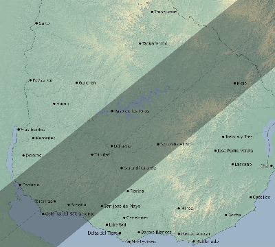 Map of the eclipse path across Uruguay on 01/08/2103