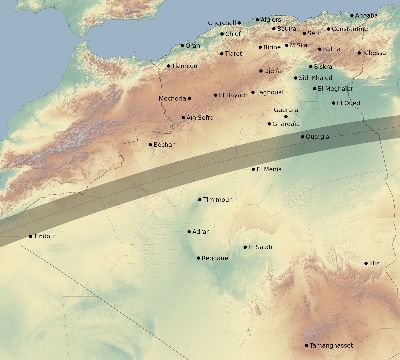 Map of the eclipse path across Algeria on 07/04/2103