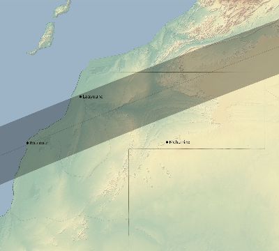 Map of the eclipse path across Western Sahara on 07/04/2103