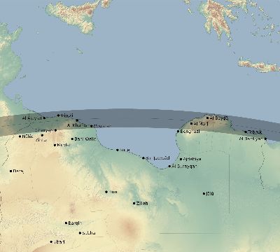 Map of the eclipse path across Libya on 07/04/2103