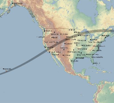 Map of the eclipse path across United States on 05/03/2106